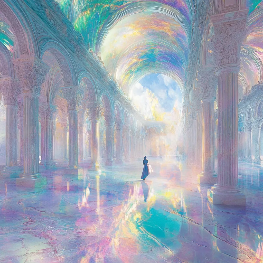 A solitary figure in a long dress walks down a vast, ethereal hall.  The hall is characterized by numerous pale columns and a high, arched ceiling with iridescent, pastel-colored lighting. The floor reflects the vibrant hues, creating a dreamy, otherworldly atmosphere.  A glimpse of a bright sky is visible at the far end, adding to the mystical and serene ambiance.