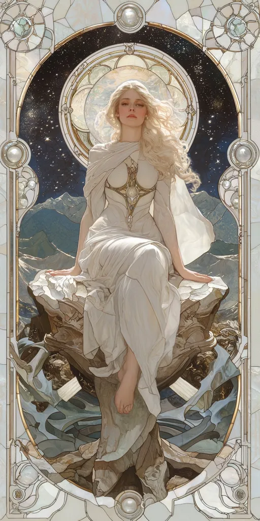 A serene woman with long blonde hair, adorned in a flowing white gown and intricate golden bodice, sits gracefully on a rock formation.  The artwork is framed by an Art Nouveau-style border featuring a celestial backdrop of stars and a moon.  Mountains and water are depicted below, enhancing the ethereal and mystical atmosphere. The style is reminiscent of stained glass, with delicate lines and pastel hues.