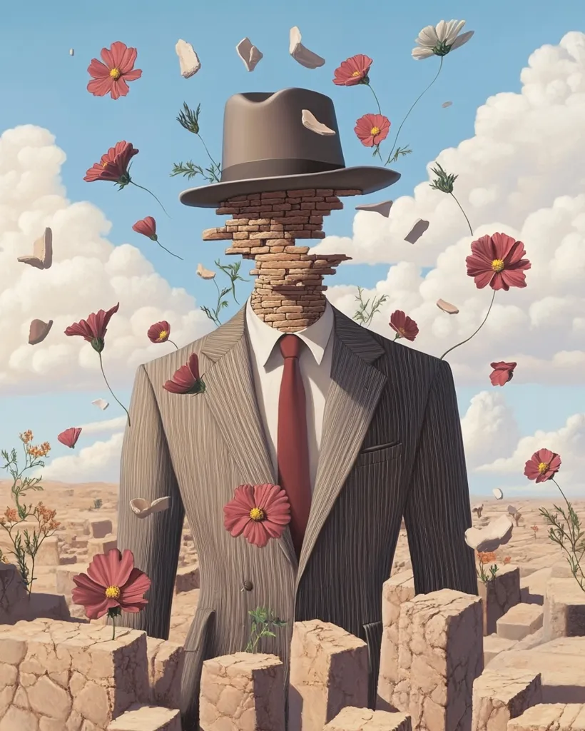 A surreal painting depicts a man in a suit, his head replaced by a crumbling brick structure.  He wears a fedora and a red tie.  Cosmos flowers sprout from the bricks and the arid landscape surrounding him, which is composed of cracked earth and small, cube-like formations. The overall atmosphere is dreamlike and melancholic, suggesting themes of disintegration and rebirth within a desolate setting.