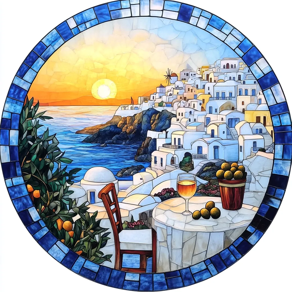 A stunning circular stained-glass artwork depicts a serene sunset over a picturesque Greek island town.  Whitewashed buildings cling to a cliffside overlooking a calm sea.  A table with a glass of wine and olives sits in the foreground, beside a chair offering a tranquil view. Lush greenery and a vibrant sunset complete this idyllic Mediterranean scene, captured in a mosaic of colorful glass.