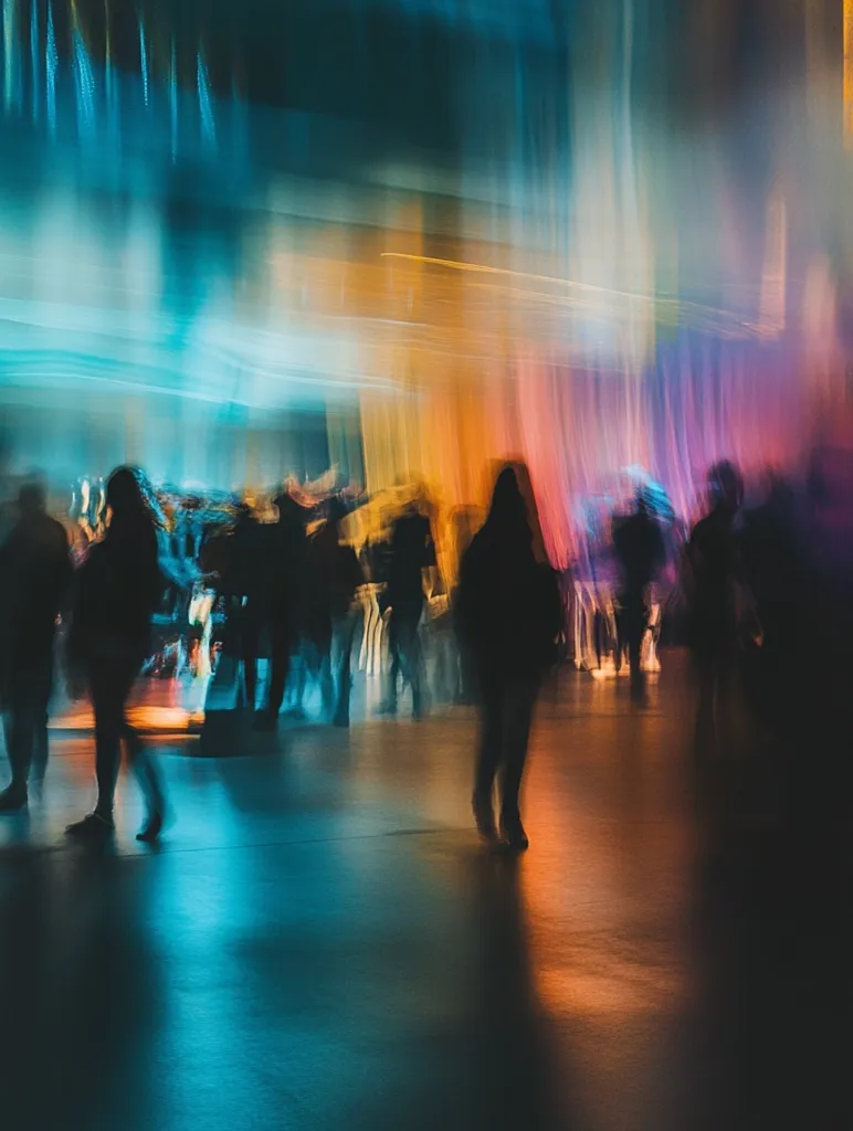 A vibrant, blurry image captures a crowd of people at a dimly lit event.  Motion blur creates streaks of teal, orange, and purple light, suggesting movement and energy. The figures are indistinct, silhouetted against the colorful background, emphasizing the atmosphere rather than individual details. The reflective floor amplifies the light show, creating a dynamic and captivating scene.