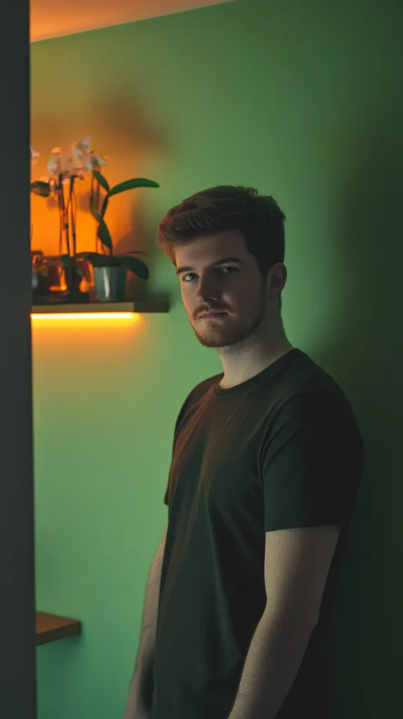 A young man with short brown hair and a beard stands against a green wall. He's wearing a dark-colored t-shirt.  Behind him, a shelf with potted orchids is illuminated by an orange light. The overall mood is moody and slightly dramatic due to the lighting and the man's serious expression.