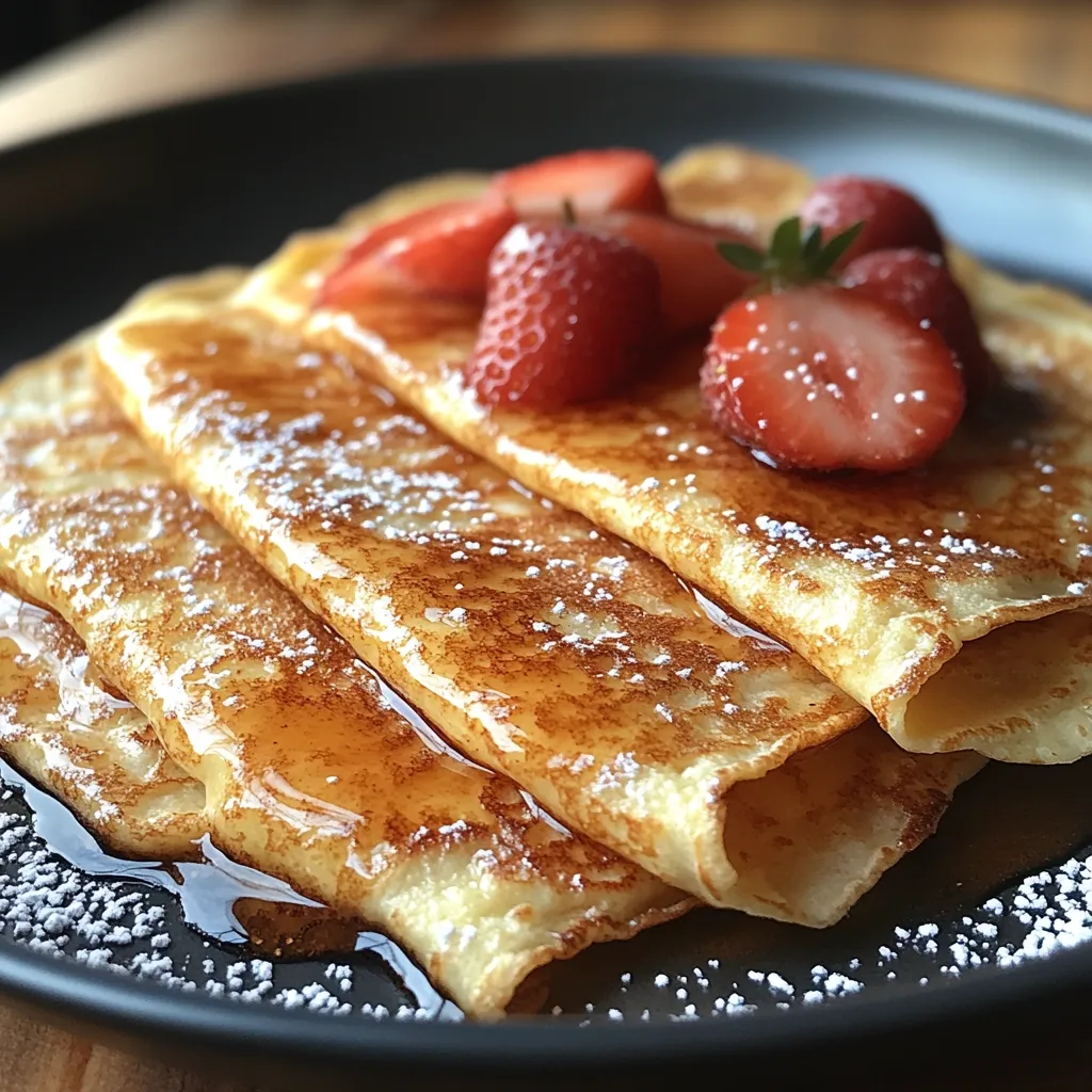 A close-up shot of three delicate crepes layered on a dark plate.  The crepes are drizzled with golden syrup and dusted with powdered sugar.  Fresh strawberries are artfully arranged on top, adding a vibrant pop of color and a touch of sweetness.  The image evokes a feeling of warmth and deliciousness.