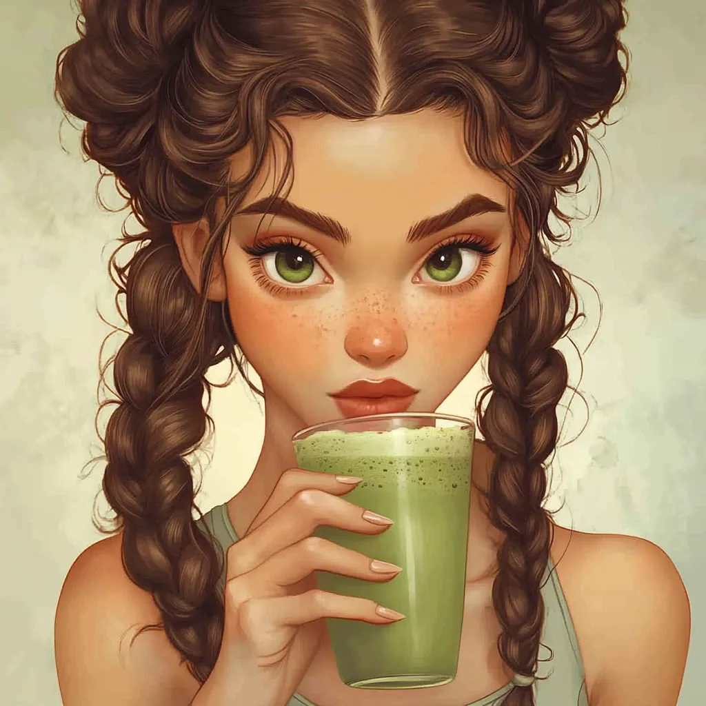A stylized illustration of a young woman with brown hair in two braids and top knots.  She has large green eyes, freckles, and full lips. She's holding a glass of a light green smoothie, looking directly at the viewer with a serene expression. The art style is reminiscent of digital painting, with a smooth, polished finish.  The overall mood is calm and peaceful.