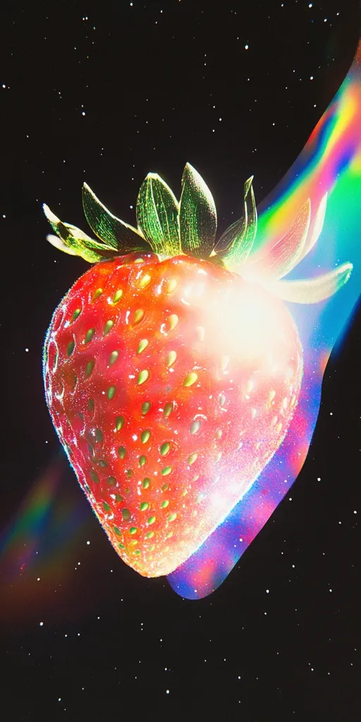 A vibrant, juicy strawberry, seemingly glowing from within, is depicted against a backdrop of a star-studded black expanse.  Surrounding the strawberry is a vibrant, iridescent light trail, creating a surreal and otherworldly aesthetic. The image blends the natural beauty of the fruit with a cosmic, dreamlike setting.