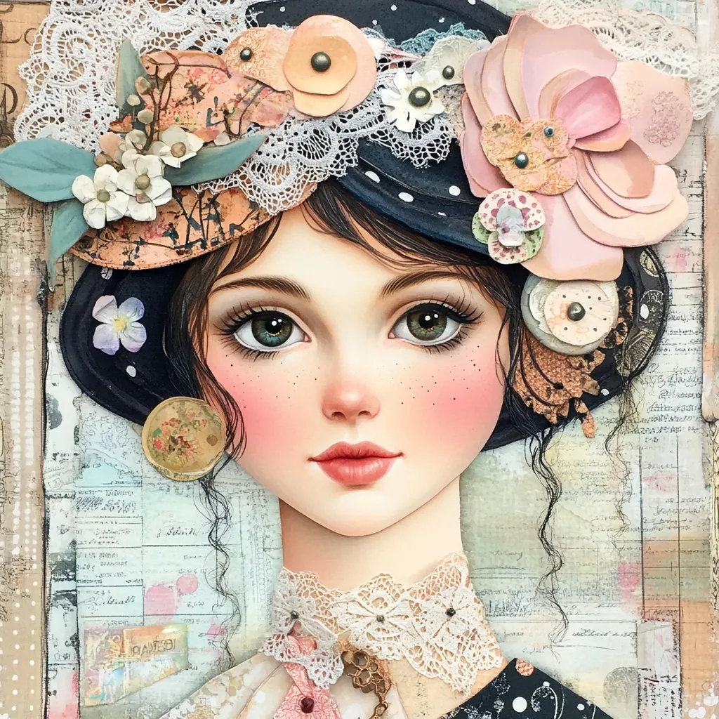 A whimsical portrait of a girl adorned with an elaborate hat.  The hat is decorated with delicate lace, pastel flowers, and vintage embellishments. Her large, expressive eyes and rosy cheeks give her a sweet and dreamy appearance. The background features aged papers and textures, adding to the artwork's antique charm and mixed-media aesthetic.  The overall style is reminiscent of vintage illustration and scrapbooking techniques.