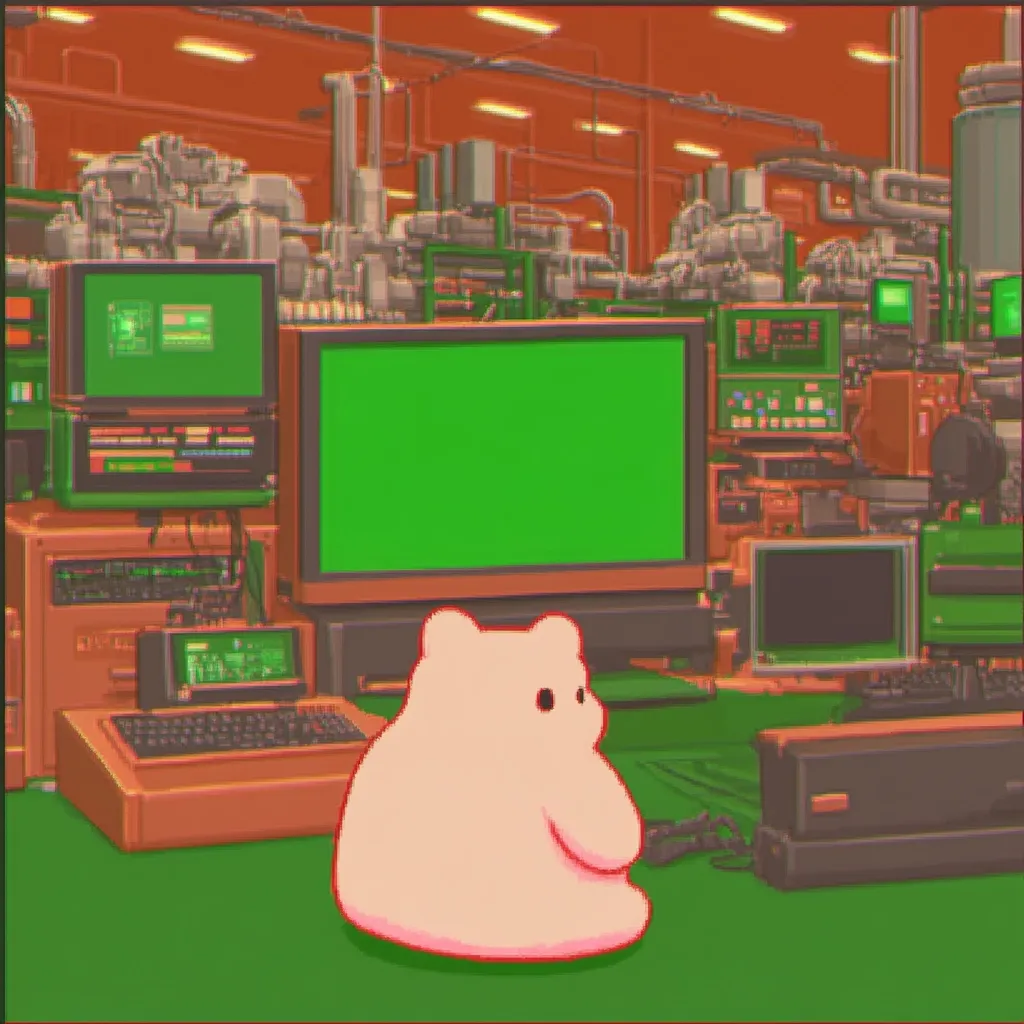 A pixel art illustration depicts a pink, bear-like creature sitting in front of several retro computers within a large, industrial-looking room. The computers feature green screens, and the overall color palette is warm with reddish-brown tones and hints of green. The scene evokes a nostalgic, retro-futuristic atmosphere. The bear's simple design contrasts with the complex machinery in the background.