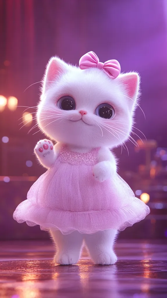 A cute, fluffy white kitten, adorned in a delicate pink tutu and a pink bow, stands gracefully.  Its large, expressive eyes and tiny paws are captivating. The kitten is presented against a soft purple backdrop with bokeh lights, enhancing its adorable charm. The overall image is digitally rendered, showcasing a sweet and whimsical aesthetic.