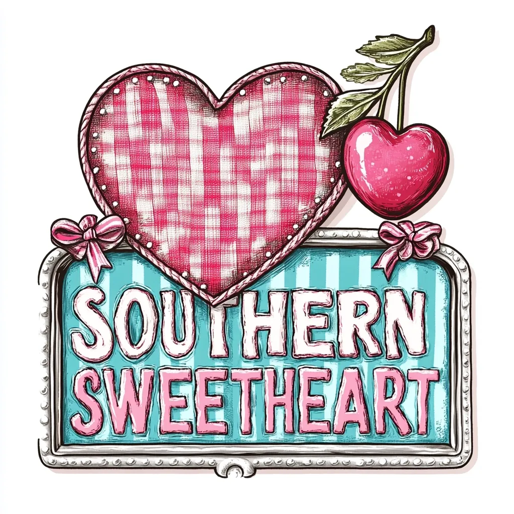 A charming illustration features a pink gingham heart adorned with stitching, accompanied by a ripe cherry on a stem.  Above a light teal rectangular sign, the words "Southern Sweetheart" are stylishly written in a whimsical font.  Pink bows accentuate the design, creating a sweet and nostalgic aesthetic. The overall style is reminiscent of vintage signage or handcrafted artwork.