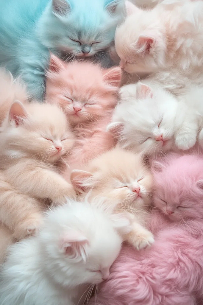 A pile of adorable pastel-colored kittens snuggles together in a sweet slumber.  Their soft fur ranges from pale pink and cream to a delicate light blue.  Eyes are closed, indicating peaceful rest.  The image evokes feelings of warmth, comfort, and the innocence of youth.