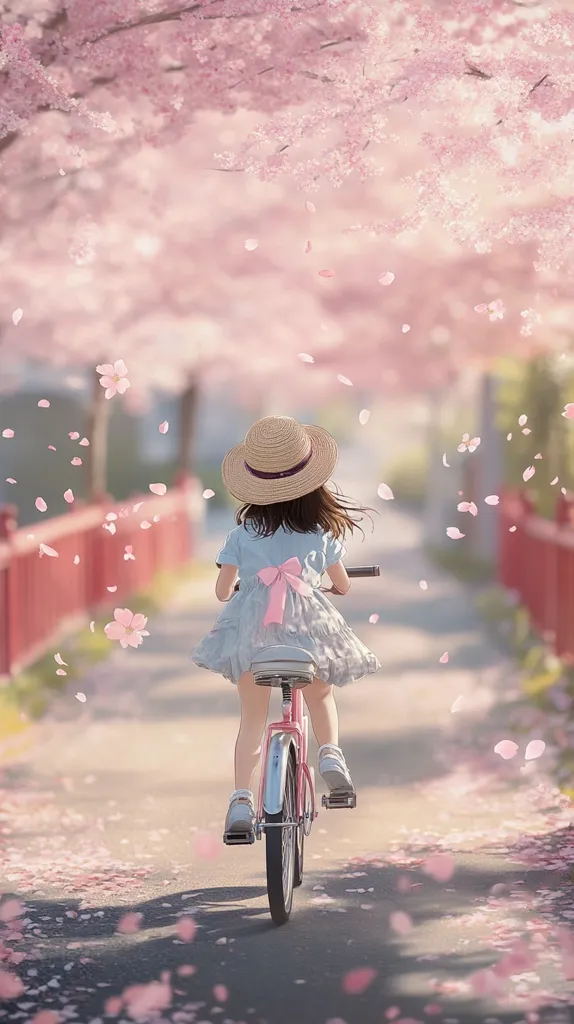 A young girl with a straw hat rides a pink bicycle down a path lined with blossoming cherry trees.  Pink petals fall around her, creating a magical, whimsical scene.  Her light blue dress flows gently in the breeze as she pedals along, enjoying the beautiful spring day. The overall image is serene and peaceful.