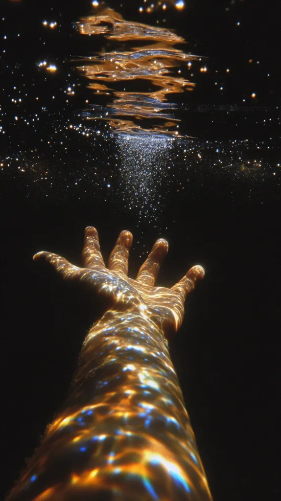 An arm reaches upward from underwater, towards a shimmering surface reflecting light like a celestial sky.  The water distorts the arm, creating an ethereal, golden glow.  Air bubbles rise, adding to the dreamlike quality of the image.  The contrast between the dark water and luminous surface evokes a sense of mystery and aspiration.