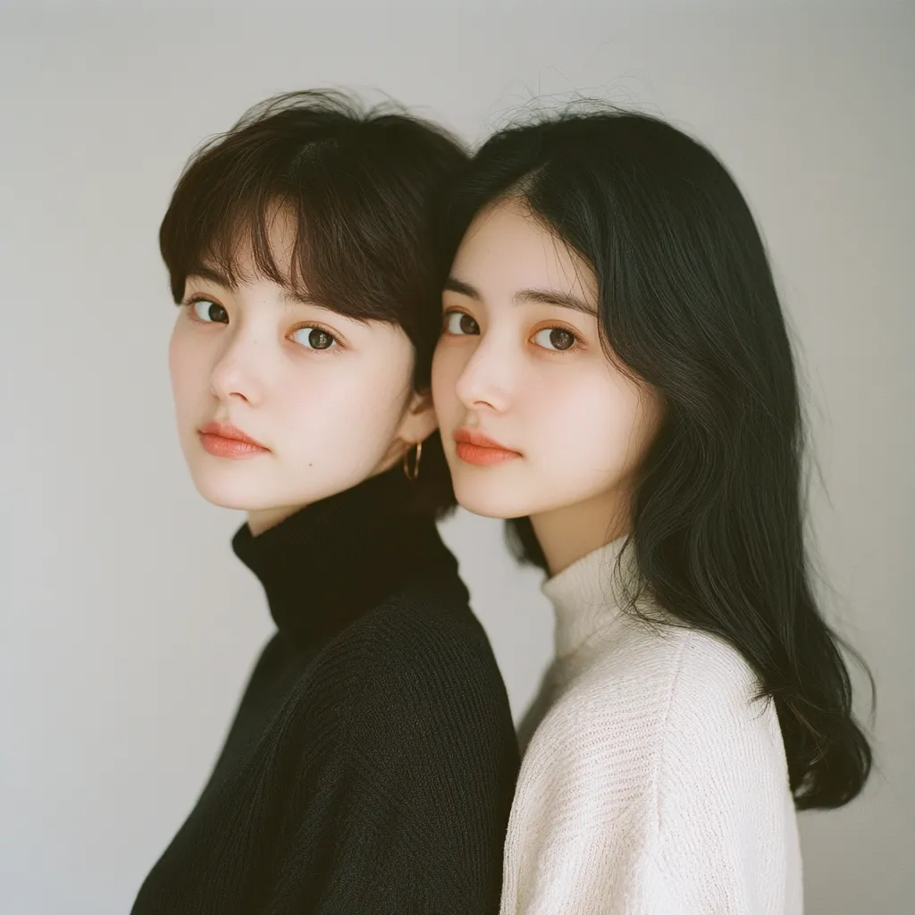 Close-up portrait of two young Asian women standing shoulder to shoulder.  The woman on the left has short, dark hair and wears a black turtleneck sweater. The woman on the right has long, dark hair and is wearing a cream-colored turtleneck sweater. Both have soft, delicate features and a serene expression.  The background is a plain, light grey.