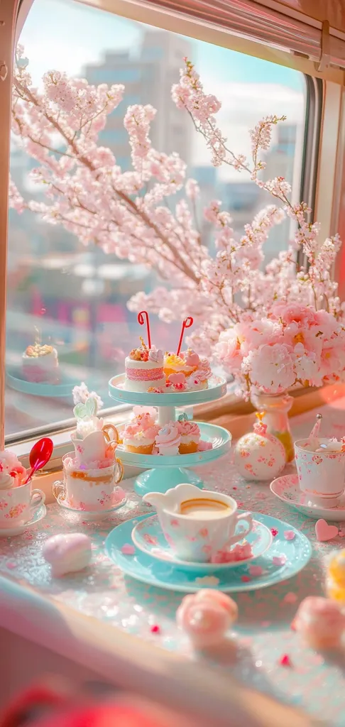 A pastel-colored tea party scene unfolds near a window adorned with delicate pink cherry blossoms.  A tiered cake stand displays miniature cakes, surrounded by teacups, saucers, and sweet treats.  The soft lighting and light blue and pink color palette create a whimsical, dreamy atmosphere.  The overall aesthetic is delicate and feminine.
