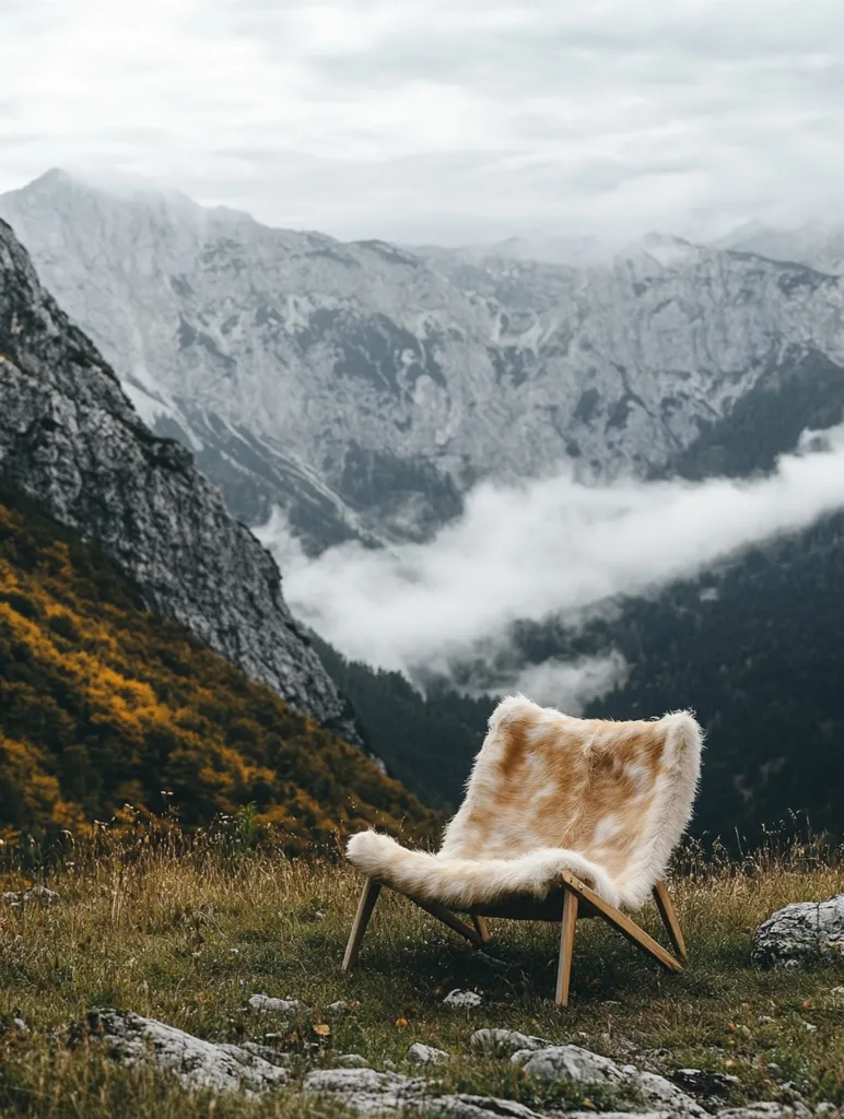 A modern, minimalist chair draped in a light beige fur sits alone on a grassy mountaintop.  The chair faces a breathtaking vista of rolling, mist-shrouded mountains, their peaks reaching into a cloudy sky.  Autumnal hues color the lower slopes, providing a contrast to the chair's simple elegance and the dramatic backdrop. The scene evokes a sense of serenity and peaceful isolation.