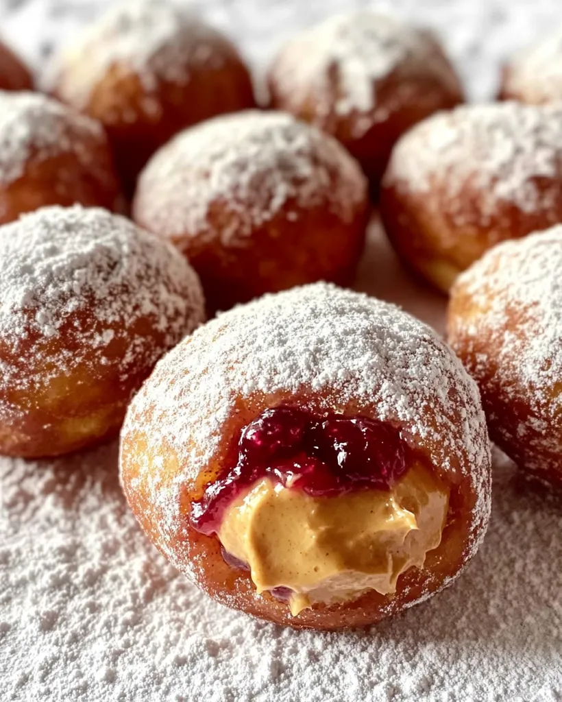 A close-up shot reveals a delightful assortment of powdered-sugar-dusted doughnuts.  One doughnut is prominently featured, showcasing a luscious filling of peanut butter and jelly. The surrounding doughnuts are similarly coated and arranged, creating a tempting display of sweet treats.  The image emphasizes the texture and appealing colors of these delectable pastries.