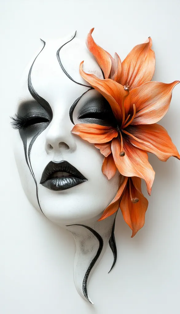 A striking close-up reveals a stylized face mask, painted in stark black and white, adorned with a vibrant orange lily. The mask's design features elegant, flowing black lines contrasting with the smooth white surface.  The eyes are dramatically shadowed, and the lips are painted a deep black, enhancing the mask's theatrical effect. The juxtaposition of the delicate flower against the strong graphic lines creates a visually captivating image.