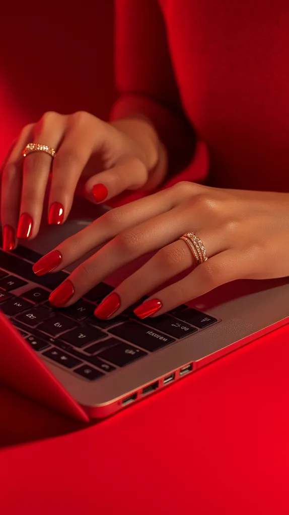 Close-up of elegantly manicured hands with red nails, adorned with gold diamond rings, typing on a silver laptop. The woman is wearing a vibrant red dress, complementing the overall aesthetic. The scene is set against a bold red background, creating a striking contrast and emphasizing the luxurious jewelry and the stylish setting.