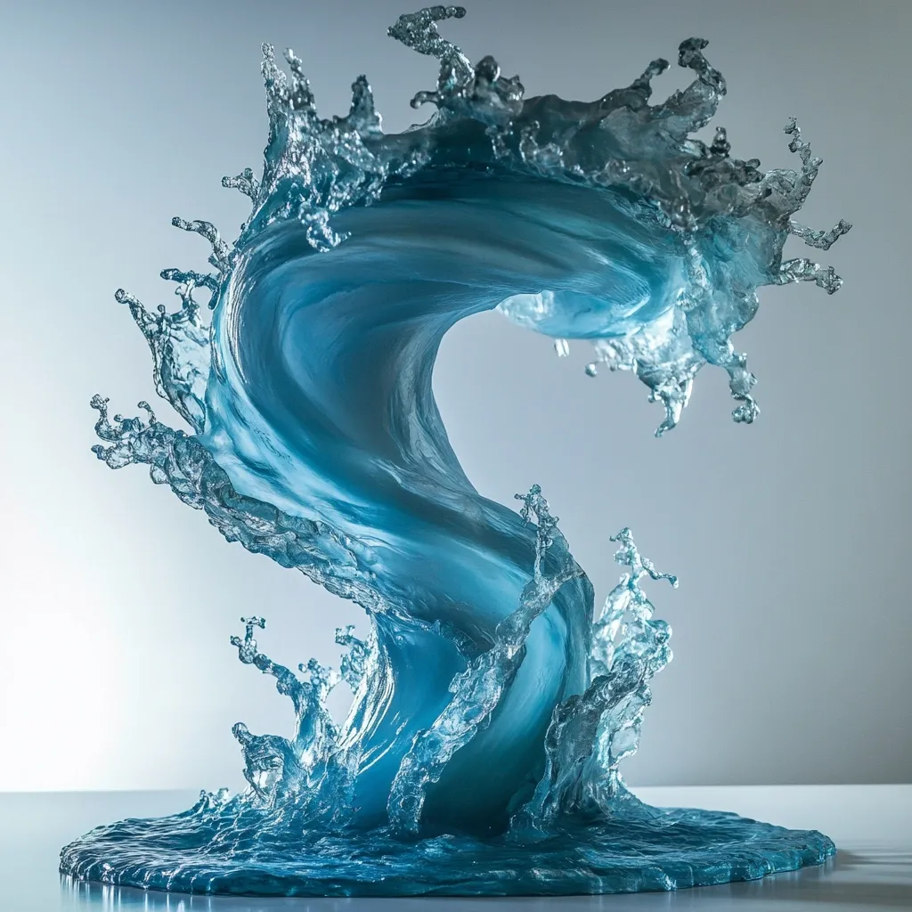 A stunning, sculpted wave of translucent teal water dominates the image.  The wave is captured mid-motion, spiraling upwards in an elegant S-shape before cascading downwards.  Intricate details showcase the texture and movement of the water, creating a sense of dynamism and fluidity against a muted gray background. The base of the wave spreads into a calm pool, completing the artistic representation.