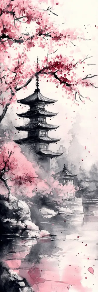A serene watercolor painting depicts a Japanese pagoda nestled amongst blossoming cherry trees.  Pink and white blossoms dominate the foreground, contrasting with the dark grey tones of the pagoda and surrounding landscape.  A calm body of water reflects the scene, creating a peaceful and tranquil atmosphere. The style is reminiscent of traditional East Asian ink wash painting.