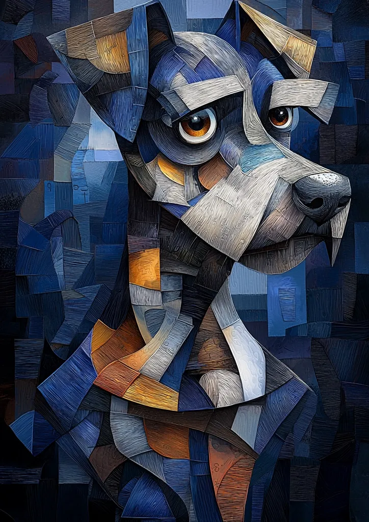 A stylized cubist portrait of a Miniature Schnauzer dog.  The artwork uses a palette of blues, grays, and oranges, with the dog's fur rendered in textured, geometric shapes. The dog's expressive eyes and slightly melancholic expression are central to the composition. The background is a dark, abstract arrangement of geometric blocks, enhancing the overall artistic effect.