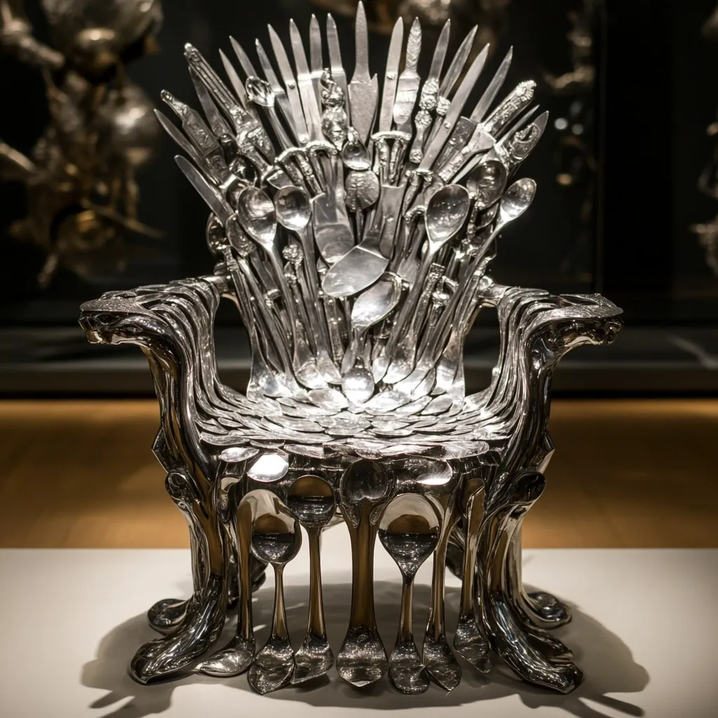 A striking chair, crafted entirely from repurposed silverware, commands attention.  Knives form a dramatic, spiky backrest, while spoons and forks compose the seat and ornate legs.  The metallic sheen of the polished silver creates a captivating, almost regal, effect. The piece displays impressive artistry and skillful manipulation of recycled materials.
