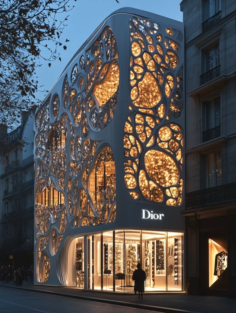 A stunning Dior boutique at night.  Its unique façade features a complex, organic, white lattice structure, internally illuminated with warm, golden lights creating a captivating glow. The building stands out against the classic Parisian architecture, showcasing a modern and luxurious design.  A lone figure stands before the entrance, emphasizing the store's allure.