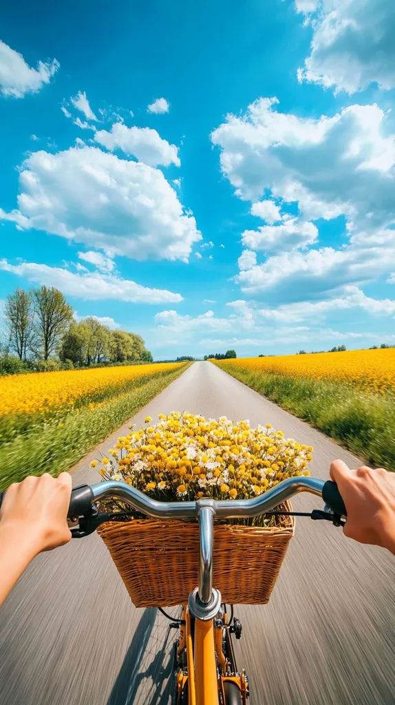 A first-person perspective of cycling down a country road.  Bright yellow rapeseed fields flank the road under a vibrant blue sky dotted with fluffy white clouds.  A wicker basket overflowing with cheerful yellow and white wildflowers sits on the handlebars of the yellow bicycle.  The scene evokes a feeling of summer freedom and joy.