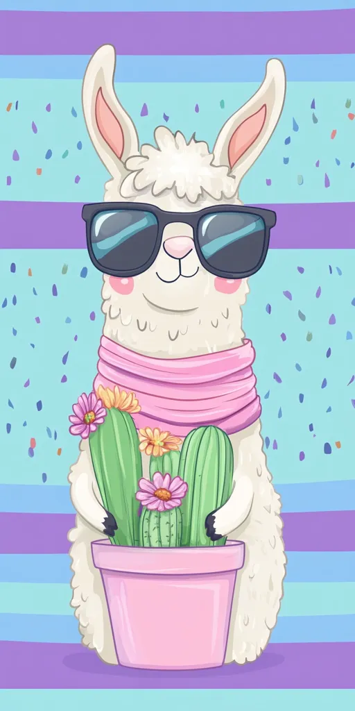 A cute cartoon llama, wearing sunglasses and a pink scarf, holds a pink pot containing three cacti with vibrant pink flowers.  The background features pastel blue and purple horizontal stripes and colorful confetti. The overall style is cheerful and playful.