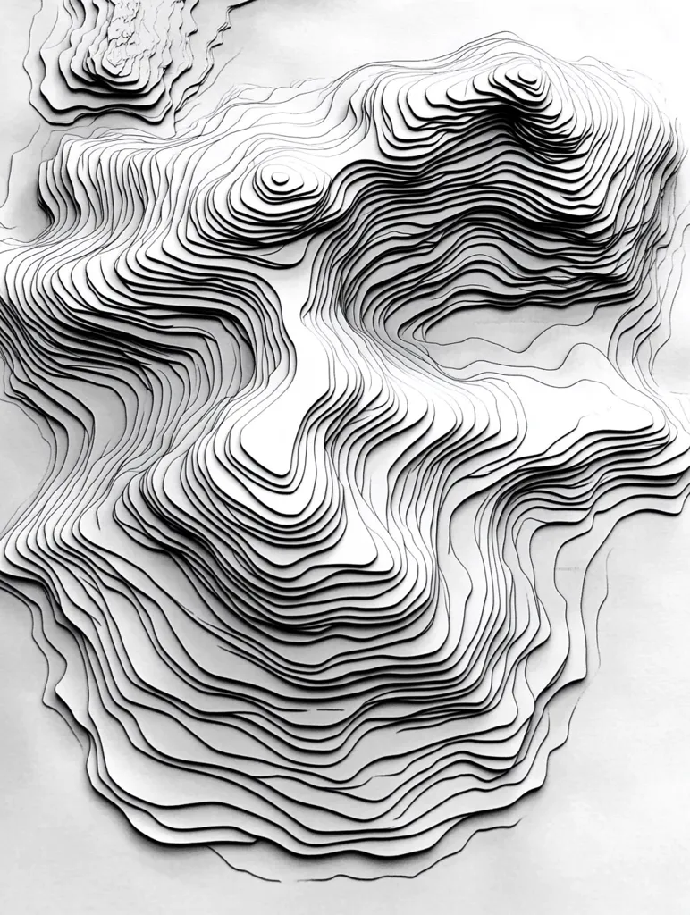 A grayscale image showcases a meticulously crafted layered relief map.  The intricate design uses concentric lines to depict a mountainous landscape, creating a three-dimensional effect on a flat surface.  The peaks and valleys are rendered with precision, illustrating varying altitudes through the density and curvature of the lines.  The overall aesthetic is minimalist and abstract, focusing on the texture and form of the topographic representation.