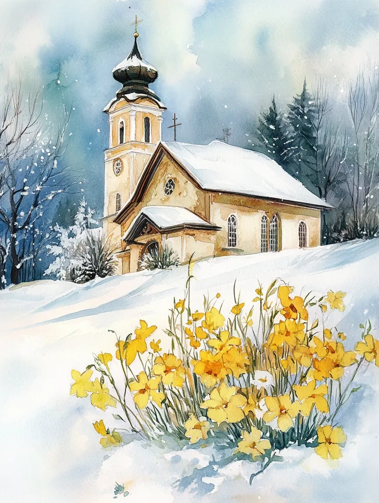 A watercolor painting depicts a snow-covered church nestled in a winter landscape.  The church, with a distinctive onion dome, stands prominently against a backdrop of snow-dusted trees.  In the foreground, a vibrant cluster of yellow daffodils bravely pushes through the snow, adding a splash of bright color to the serene winter scene. The sky is a muted blue, suggesting a cold, but peaceful day.