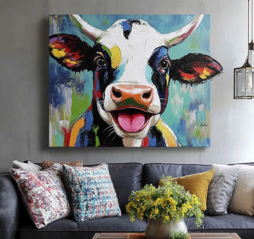 A vibrant, impasto-style painting of a cheerful cow dominates the wall above a dark gray sofa. The cow's features are rendered in bold colors, with a playful expression.  The artwork is framed by colorful throw pillows and a vase of yellow flowers sits on the coffee table in front of the couch, creating a lively, contemporary living space.