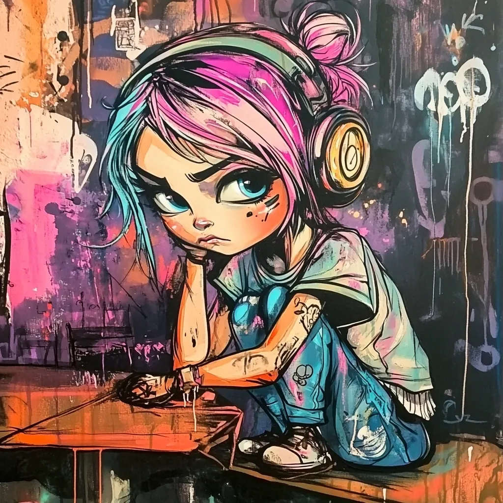 A vibrant graffiti-style painting depicts a stylized girl with pink hair and oversized headphones.  She sits with a pensive expression, her chin resting on her hand.  The artwork is rich with bold colors and textures, showcasing a blend of street art and cartoon influences.  Her clothing features a mix of bright blues and grays, and the background is a chaotic splatter of paint. The overall mood is introspective and slightly melancholic.