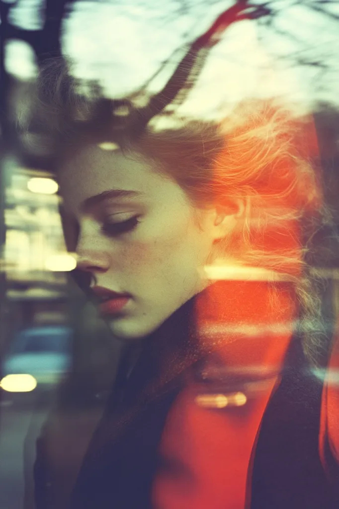 A young woman with windblown hair is seen through a window, her face partially obscured by reflections.  The image is softly focused, creating a dreamy, nostalgic feel. Warm, orange light highlights her hair and shoulders, contrasting with cooler tones on her face.  The blurred background suggests an urban setting.  Her expression is pensive, her gaze directed downward.
