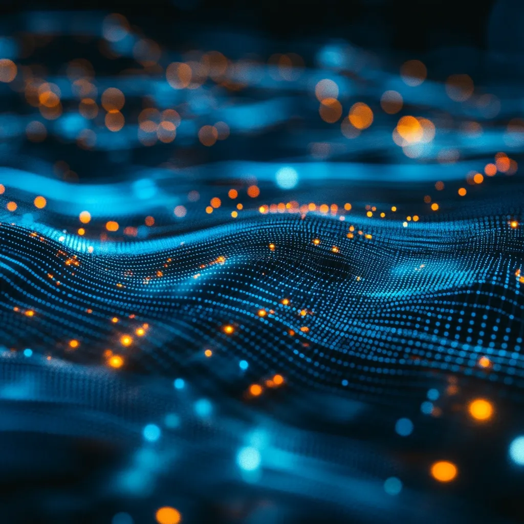 An abstract digital rendering depicts a wave-like pattern of interconnected blue dots, interspersed with glowing orange particles.  The image creates a sense of depth and movement, resembling a flowing, data-driven landscape.  The contrasting colors and dynamic form evoke a futuristic or technological aesthetic.