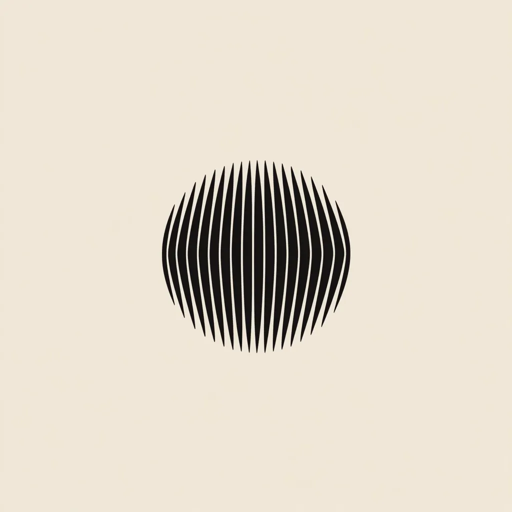The image shows a minimalist design featuring a black, oval-shaped graphic.  Within the oval are numerous vertical, parallel lines that converge at both ends, creating a radiating effect. The lines are slightly curved, giving the form a three-dimensional impression against a pale beige background. The overall aesthetic is clean, geometric, and subtly suggestive of movement or vibration.