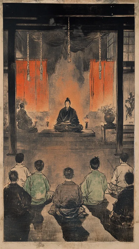A woodblock print depicts a serene scene of a Japanese tea ceremony. A central figure, seated in meditation, faces a group of individuals sitting respectfully on the floor.  Dim lighting emphasizes the contemplative atmosphere, accentuated by candles and muted tones.  The setting suggests a traditional Japanese interior with red curtains and hanging ropes. The overall impression is one of quiet contemplation and spiritual practice.
