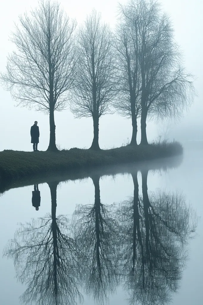A solitary figure stands by a calm, misty waterway.  Three bare trees line the bank, their stark branches mirrored perfectly in the still water. The scene is monochromatic, evoking a sense of quiet solitude and atmospheric stillness.  The fog softens the landscape, creating a serene yet slightly melancholic mood.