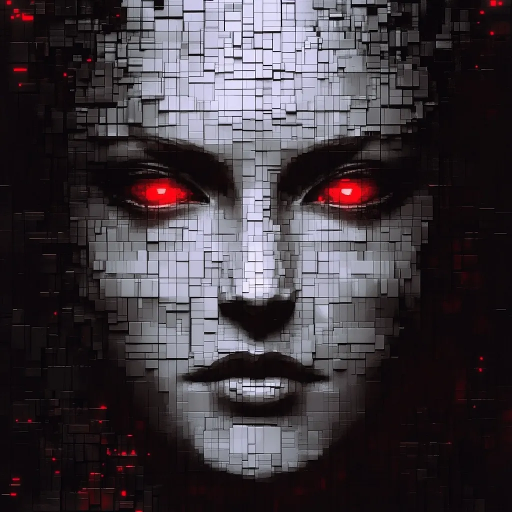 A digital portrait of a woman's face, composed of a grid of gray cubes, resembling a robotic or synthetic structure. Her eyes glow with intense red light, creating a striking contrast against the monochrome face.  The background is dark, with hints of red pixels, adding to the futuristic and slightly menacing atmosphere.  The image is sharp and detailed, showcasing a blend of digital art and a cyberpunk aesthetic.