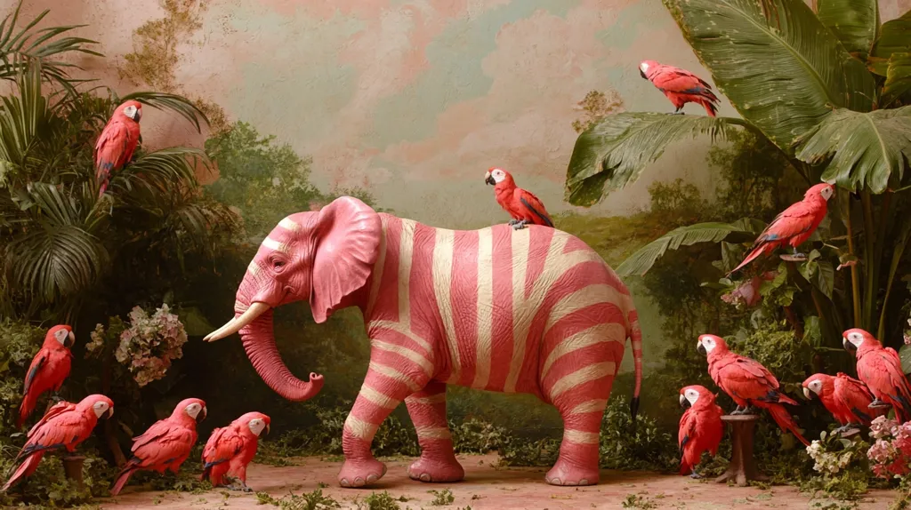 A pink elephant, painted with white stripes, stands in a lush tropical setting.  Several scarlet macaws are perched on branches, the ground, and even on the elephant's back.  The backdrop features a painted landscape and abundant tropical foliage, creating a surreal and vibrant scene.  The overall tone is whimsical and dreamlike.