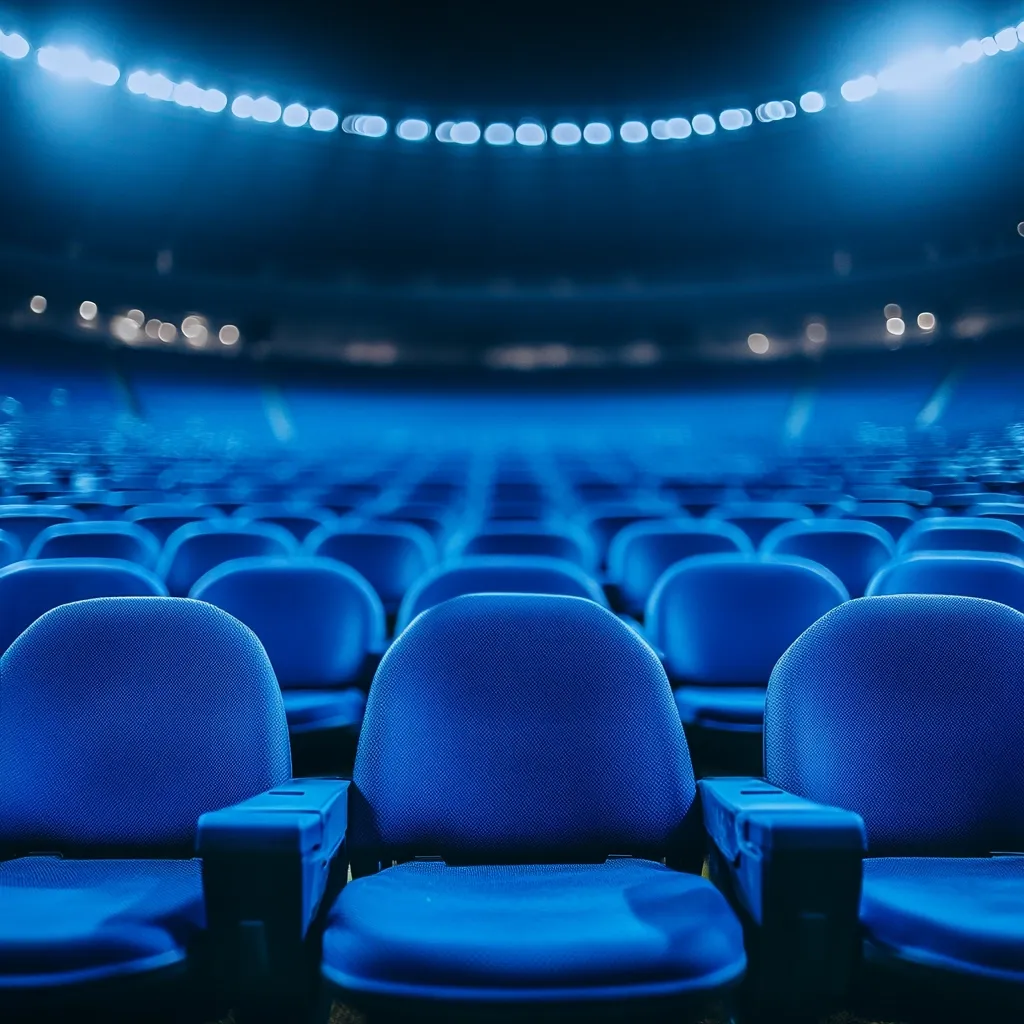 Rows of empty blue stadium seats stretch into the distance under bright stadium lights.  The focus is on the seats in the foreground, blurring the background into a wash of blue. The scene evokes a sense of anticipation before a sporting event or concert. The overall tone is cool and calm.