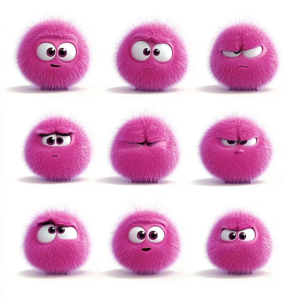 Nine pink, furry balls with cartoon faces displaying various emotions.  The expressions range from happy and surprised to sad, angry, and annoyed.  Each ball is equally sized and positioned against a white background, highlighting the distinct facial features and fluffy texture.  The image is playful and expressive.