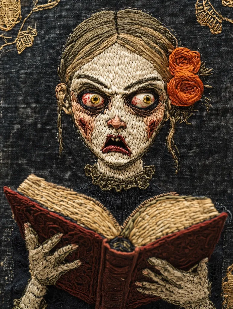 A detailed embroidery depicts a young woman with a ghastly expression, wide, bloodshot eyes, and bloodied cheeks.  She clutches an antique book, its aged pages meticulously stitched.  The woman's hair is adorned with embroidered orange roses, contrasting against the dark background. The overall style is darkly whimsical, bordering on macabre.  The craftsmanship is exceptionally fine, creating a striking and unsettling image.