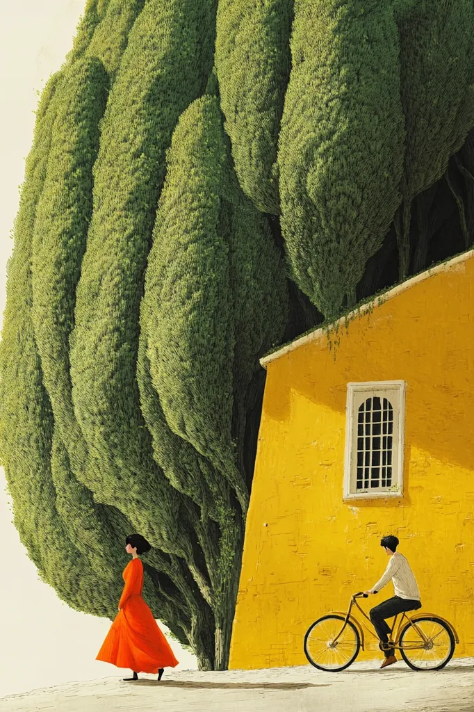 A woman in a vibrant red dress walks past a yellow building, partially obscured by a wall of lush, green, sculpted trees.  A man on a bicycle passes by in the opposite direction.  The scene is peaceful and evocative, with a strong contrast between the warm yellow of the building and the cool green of the foliage.  The style is reminiscent of illustration or fine art painting.
