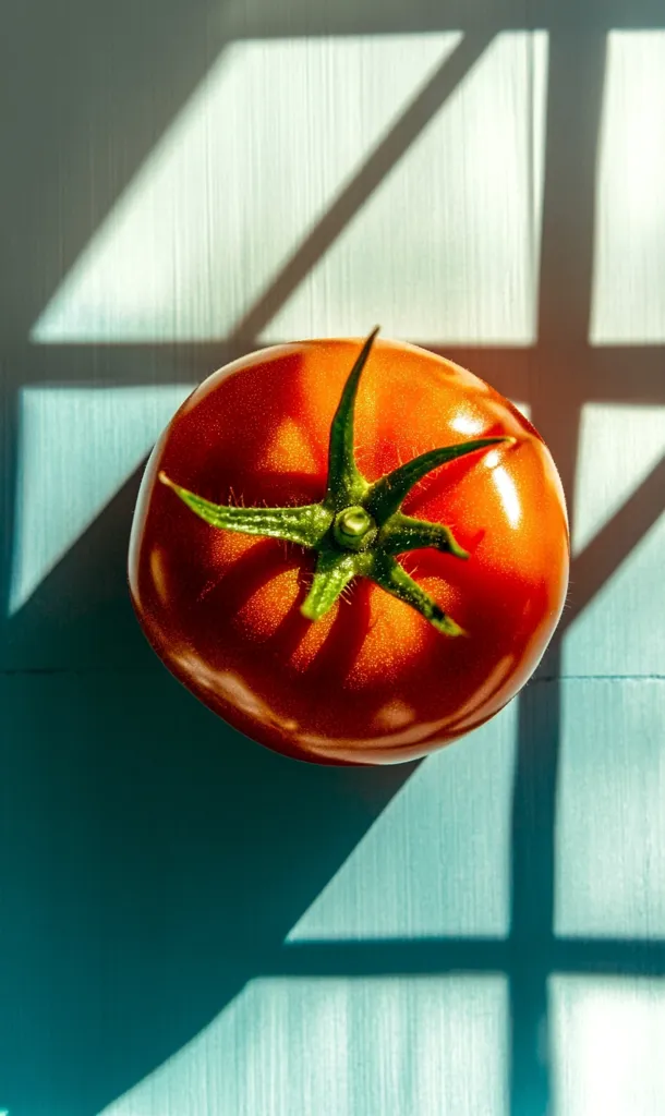 A single, ripe red tomato sits on a teal surface.  Sunlight streams through a window, casting a grid-like shadow across the background and illuminating the tomato's glossy skin and vibrant green stem. The contrast between the warm tomato and the cool background creates a striking visual.