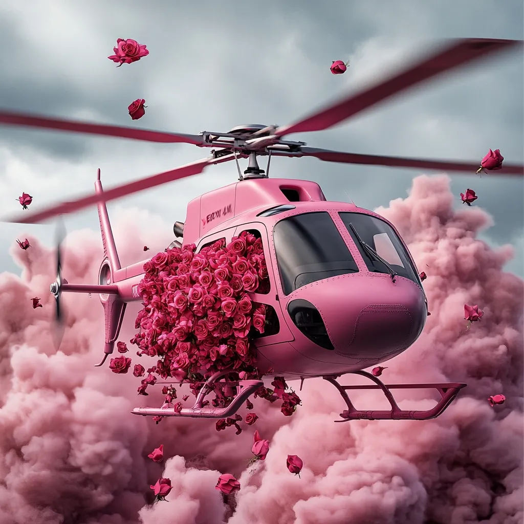 A pink helicopter, overflowing with a mass of pink roses, flies through a cloud of pink smoke.  Roses are scattered in the air around the aircraft. The scene is surreal and romantic, suggesting a whimsical delivery of flowers. The helicopter's sleek design contrasts with the abundant, soft blooms.
