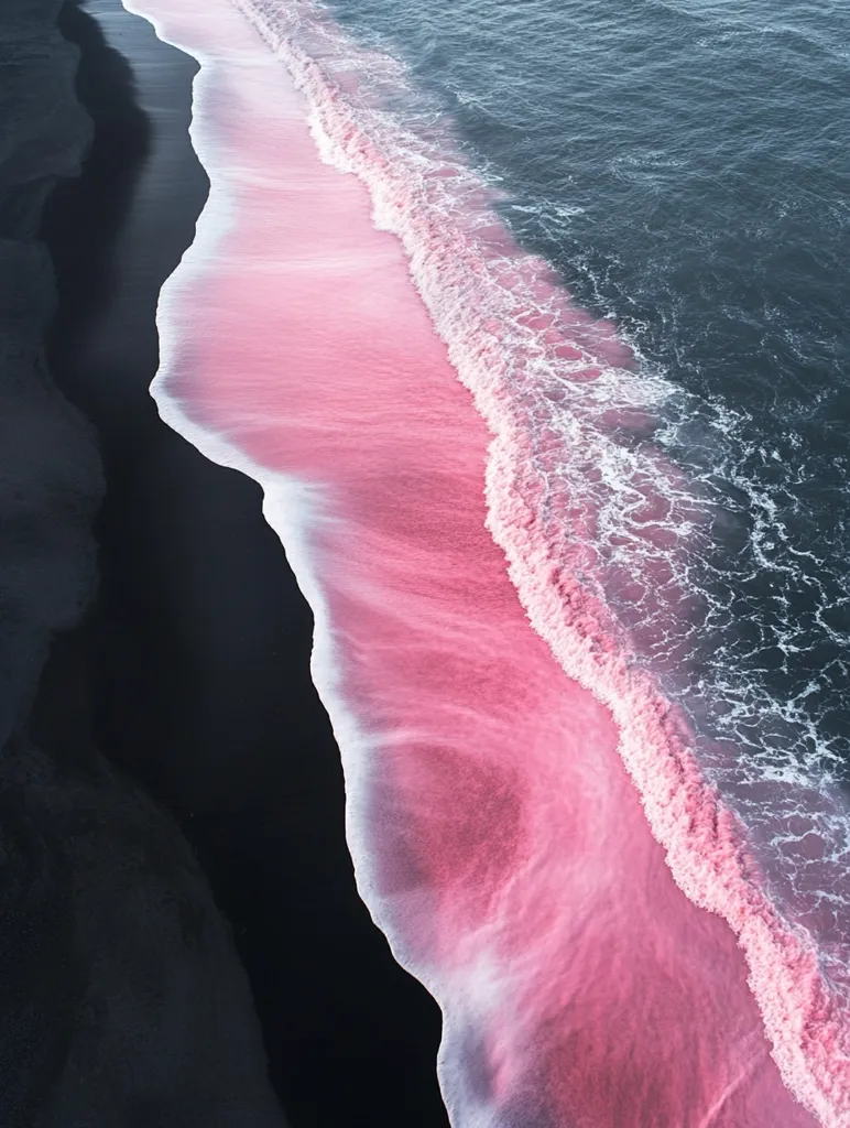 An aerial shot showcases a breathtaking contrast: a dark black sand beach meeting a wave of vibrant pink.  The pink hue, possibly from algae or sediment, creates a striking visual against the dark sand and the deep blue ocean.  The wave's white foam delicately edges the pink water, enhancing the scene's surreal beauty.  The image is a stunning example of nature's artistry.