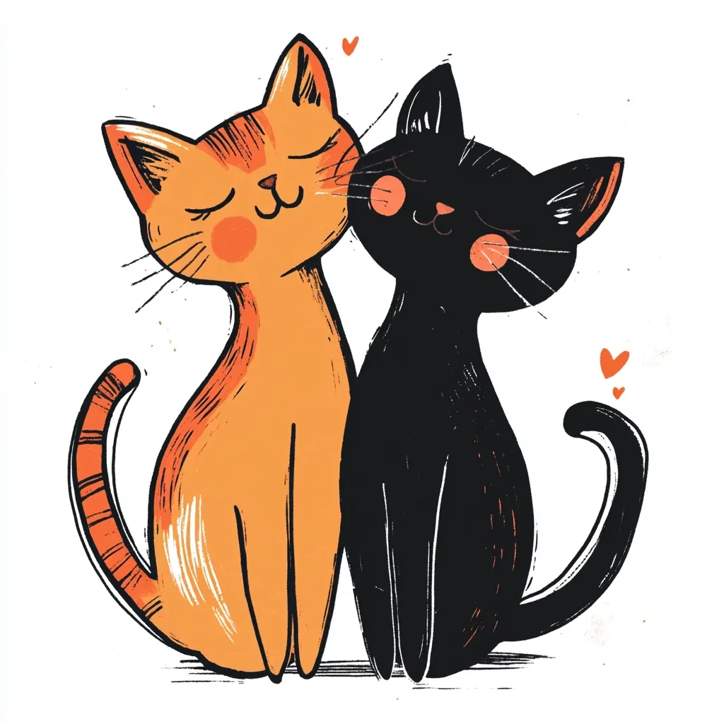 An illustration of two cute cats, one orange and one black, sitting close together.  The orange cat has its eyes closed in contentment, while the black cat appears to be nuzzling it affectionately.  Small hearts float between them, symbolizing love and affection. The style is whimsical and hand-drawn, with textured lines and simple, charming features.