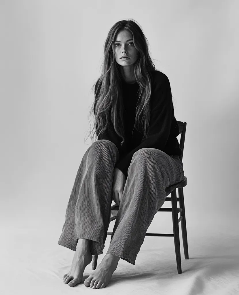 A young woman with long flowing hair sits on a simple wooden chair.  She's dressed in a black sweater and wide-legged corduroy pants. The monochrome photograph emphasizes her serene expression and relaxed posture.  Her bare feet rest on the floor, creating a minimalist and stylish image.