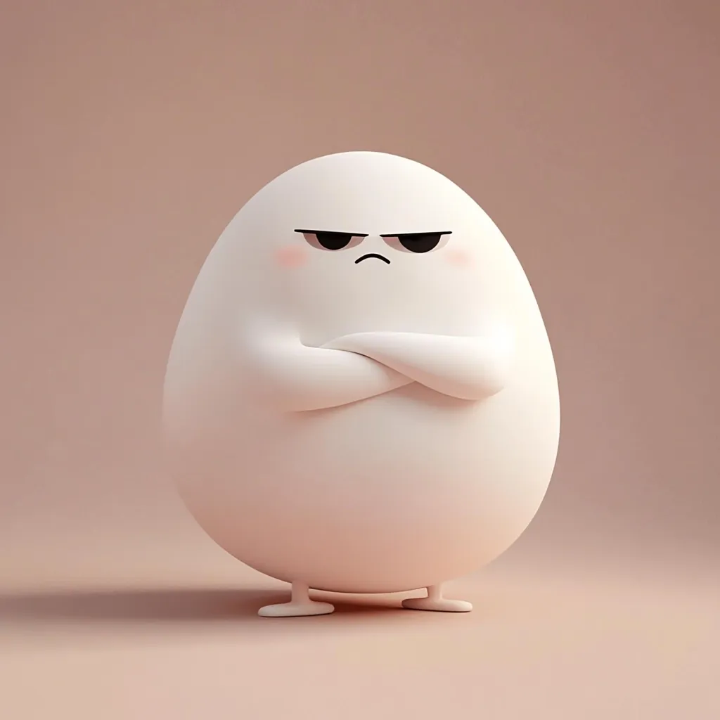A 3D rendering depicts a cute, egg-shaped character with arms crossed, exhibiting an angry expression.  Its face features furrowed brows and a stern frown, conveying displeasure.  The character is off-white, standing on small, stubby feet against a pale pink background.  The overall style is minimalist and cartoonish.